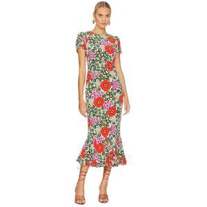 RHODE Revolve Lulani Flounced Ruffle Hem Midi Dress Aura Blossom Floral Size 6